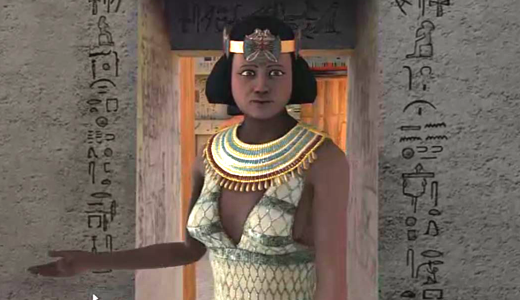 Digital rendering of a figure from Giza's past standing in front of a tomb entrance